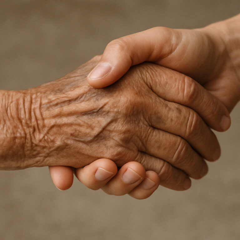 Young person holding the wrinkled hand of an elderly parent, symbolizing care during senior downsizing.