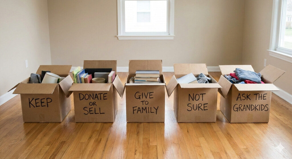 Five box sorting system for helping parents downsize household items, including keep, donate or sell, give to family, ask the grandkids, and not sure.