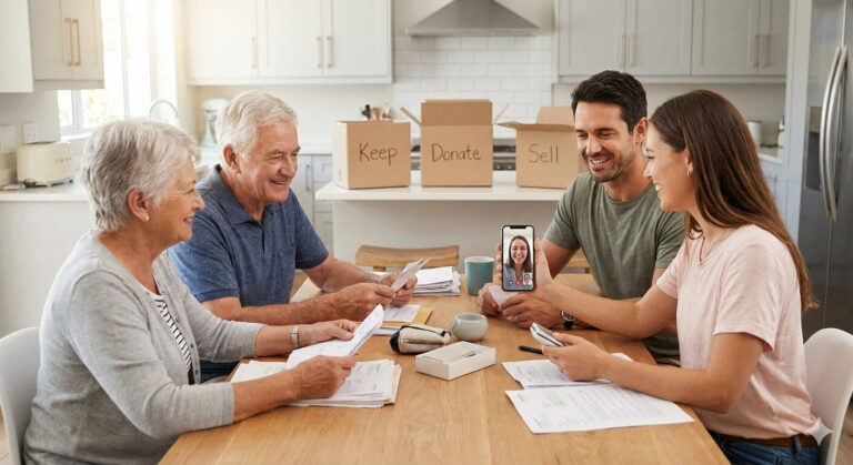 Parents and adult children having a calm downsizing discussion at a kitchen table, with one child showing another sibling via FaceTime.