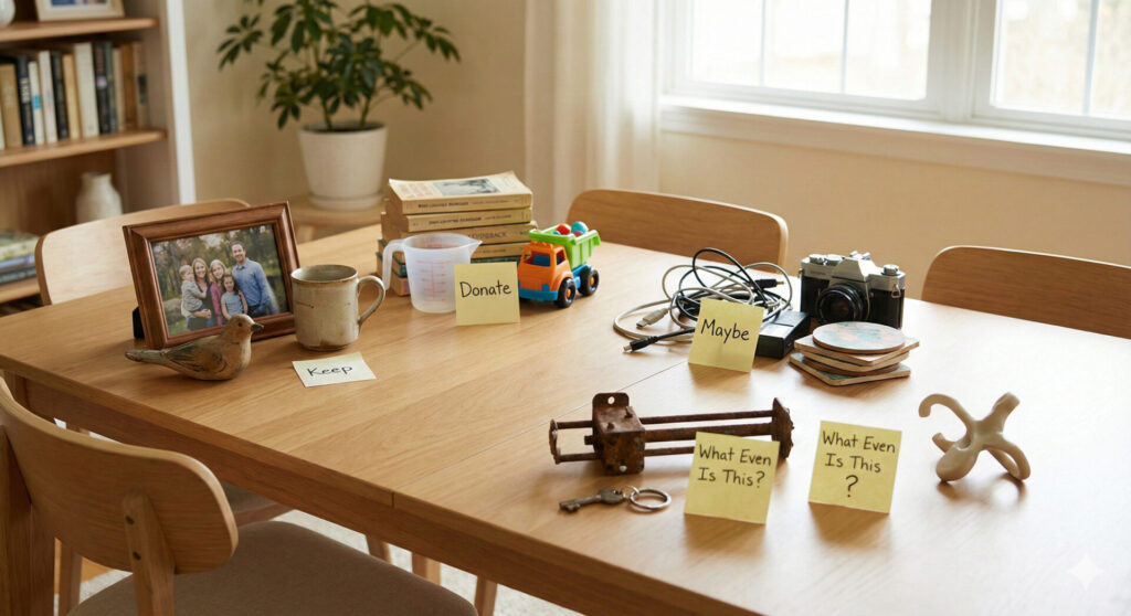 Clean, organized table summarizing key points from Neatly organized piles on a kitchen table showing the Five-Box Sorting System for downsizing parents’ belongings.