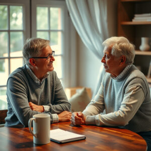 Adult child and parent discussing priorities for a senior transition plan.