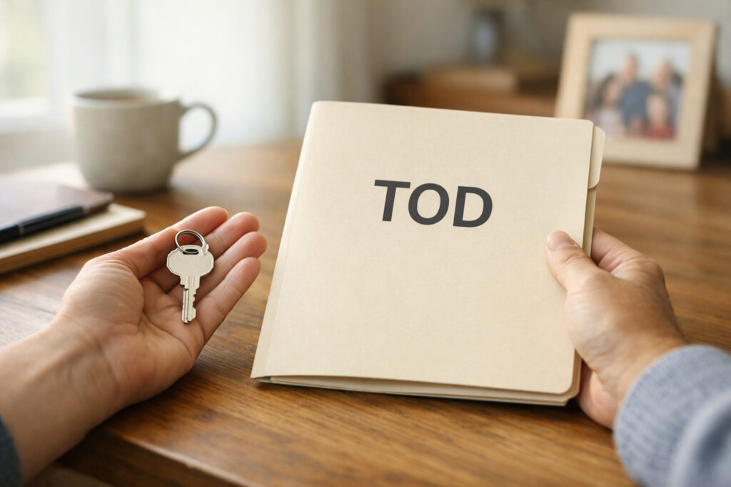 Adult child holding a house key and a folder labeled TOD on a kitchen table, representing planning for aging parents’ asset transfer