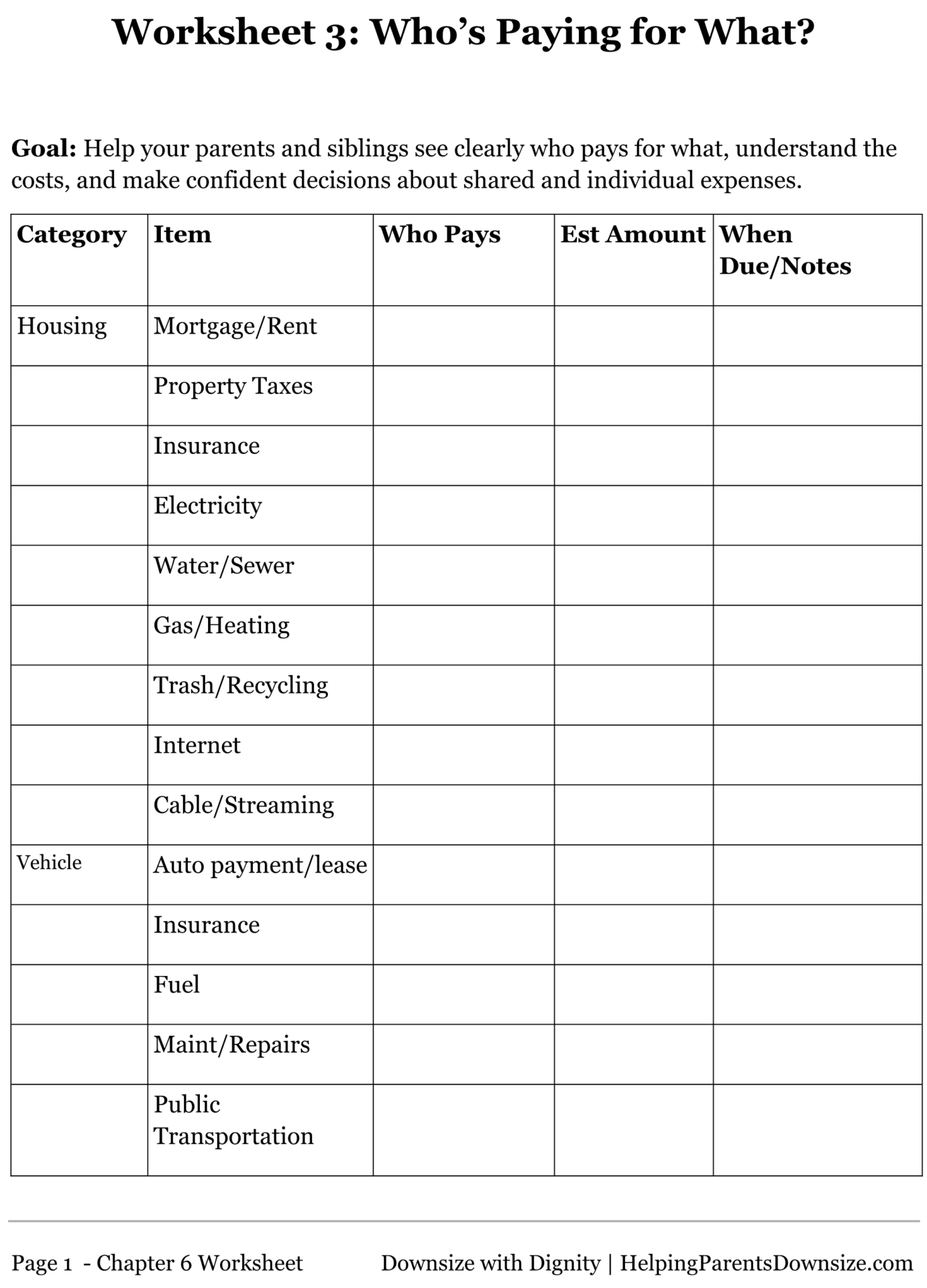 Worksheet 3: Senior Financial Costs and Document Organizer