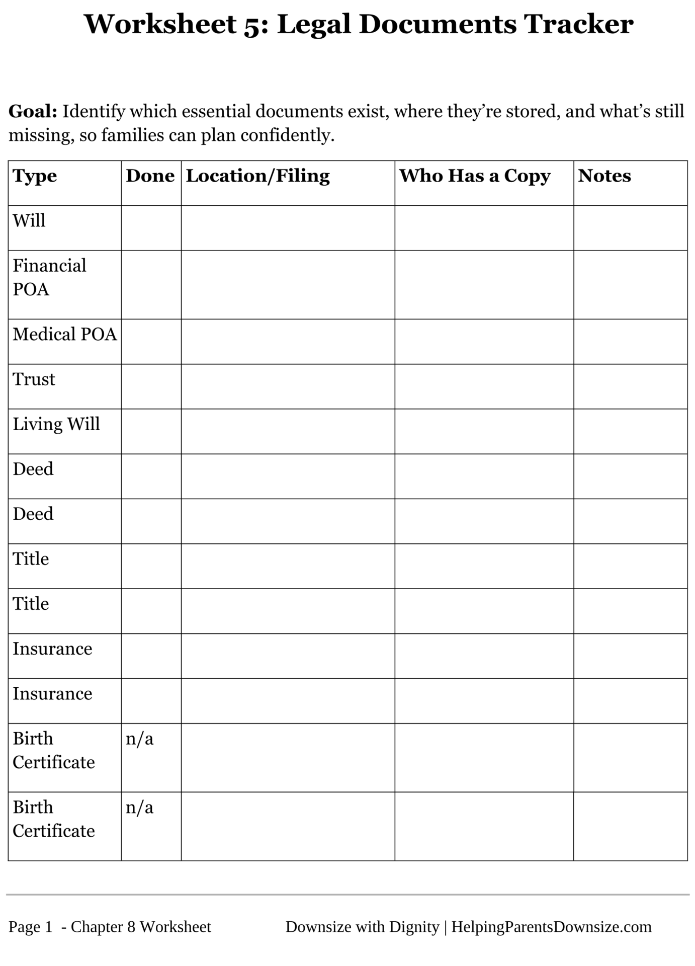 Worksheet 5: Legal Documents Tracker