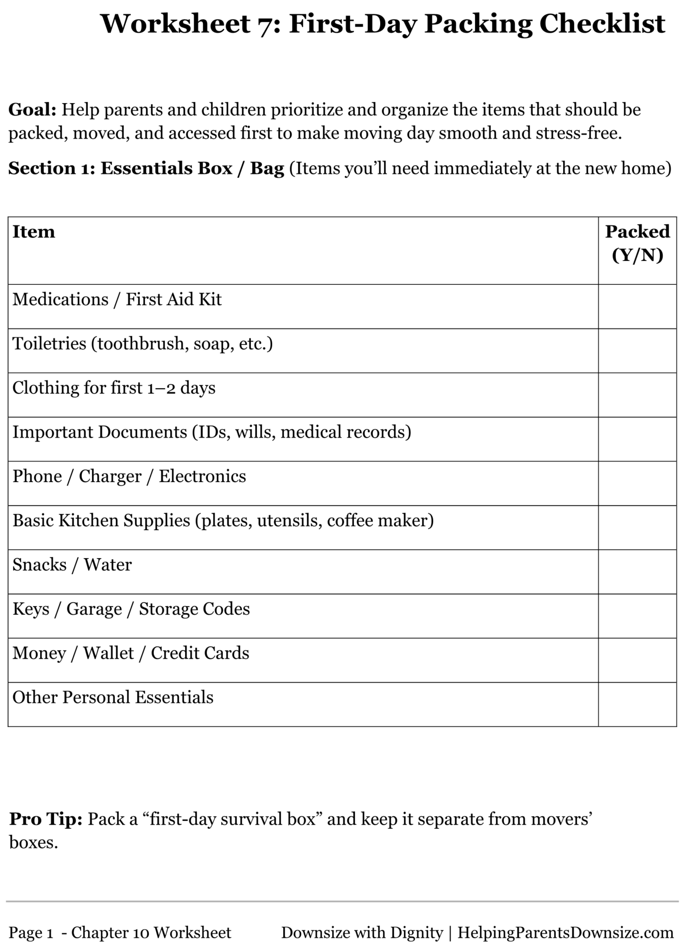 Worksheet 7: First-Day Packing and Essentials List