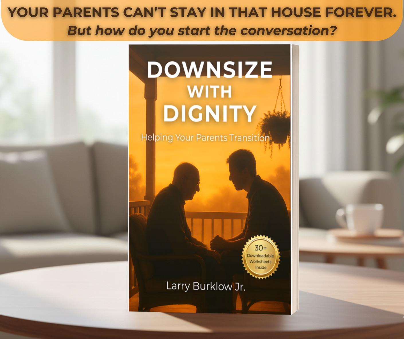 Downsize with Dignity book on a couch - a guide for helping aging parents downsize.