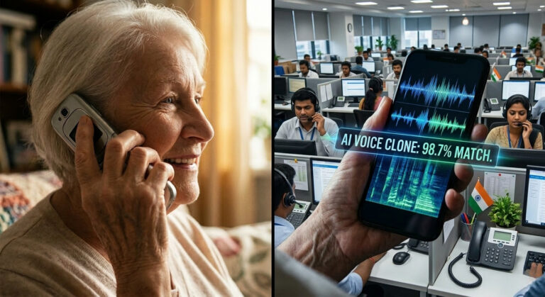 A split-panel image showing a smiling senior woman on a flip phone contrasted with a modern smartphone displaying an AI voice clone waveform in an Indian call center.