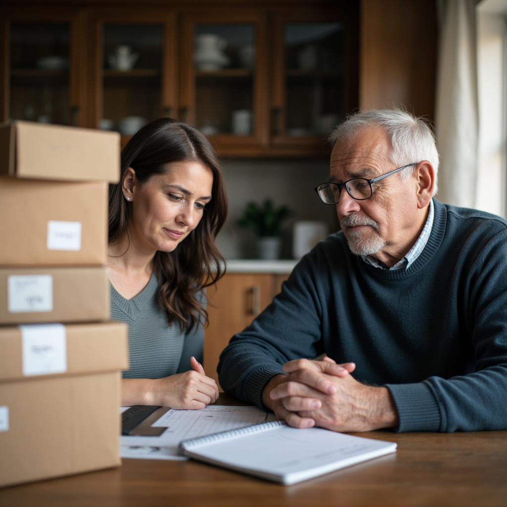 Adult daughter and elderly father sitting together at a kitchen table, reviewing boxes and a downsizing checklist while planning a home move.