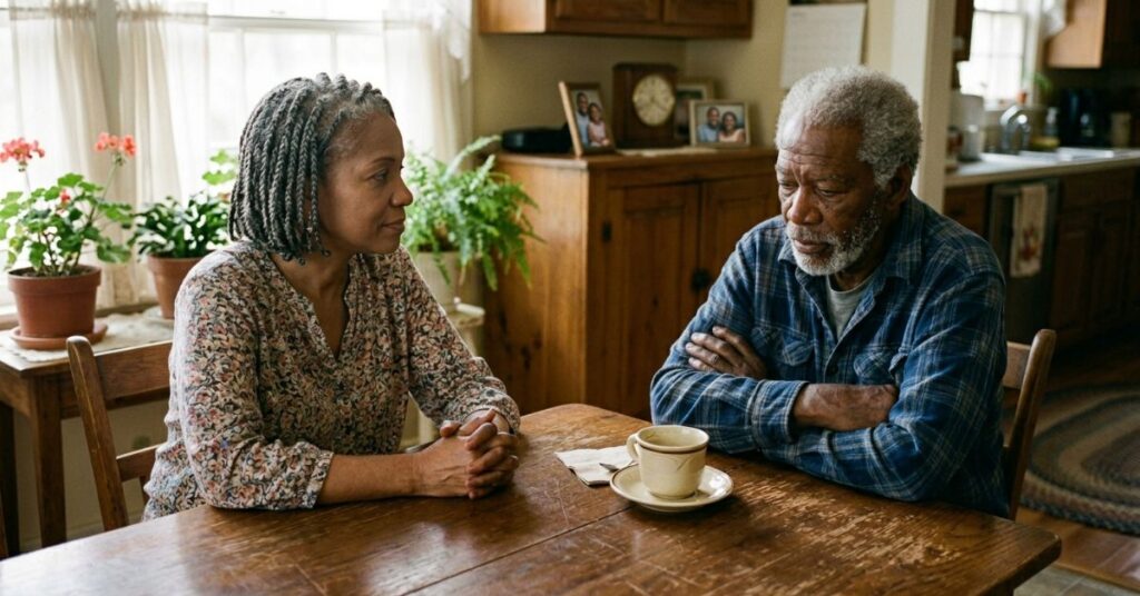 Adult daughter sitting with her elderly father at the kitchen table, having a calm conversation about downsizing his home.