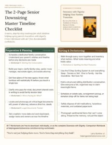 Free printable senior downsizing checklist — a 2-page timeline guide for adult children helping aging parents transition with dignity